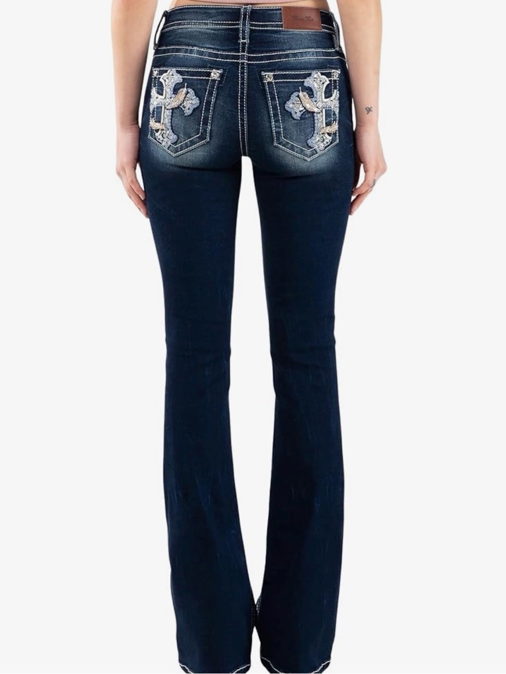 Miss Me Dark Wash Bootcut Mid Rise Leafy Cross Embellished Jeans Size 34x34